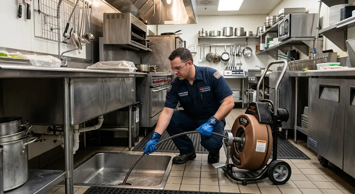Commercial drain cleaning service in a restaurant kitchen in Harper Woods