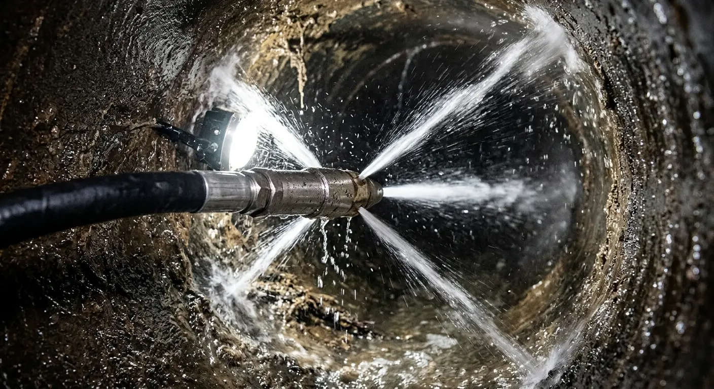 High-pressure hydro jetting nozzle cleaning sewer pipe for Sewer Line Relining in Harper Woods