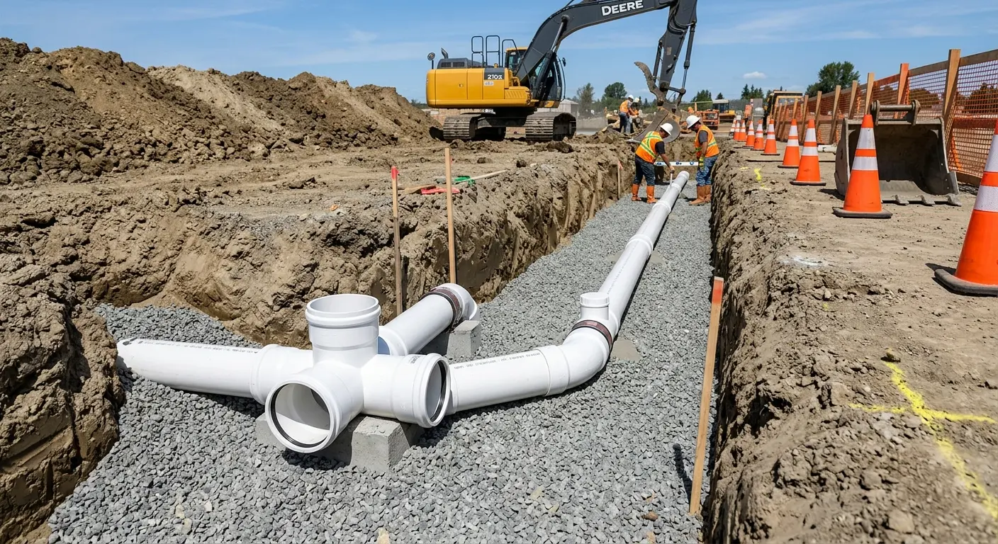 New PVC sewer pipe installation in open trench for Sewer Backup in Harper Woods