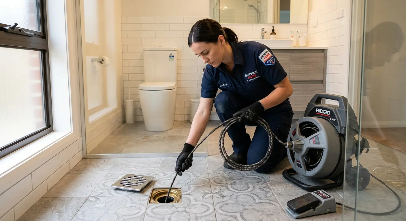 Technician clearing a bathroom floor drain for Sewer Line Installation in Harper Woods